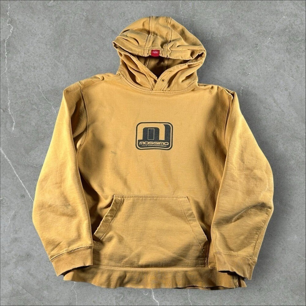 Vintage Mossimo Hoodie Mens Small Yellow Y2K Surf Pullover Center Logo Skate 00s